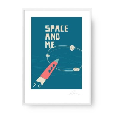 Plakat do pokoju dziecka z rakietą w kosmosie