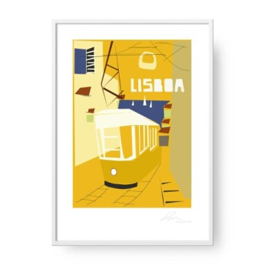 Plakat w żółtych barwach przedstawiający Lizbonę