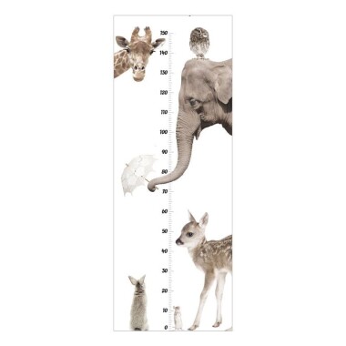 Biała naklejka na ścianę z miarką wzrostu i zwierzętami- słoń, żyrafa, sarna