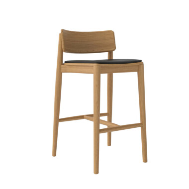 Drewniany hocker, krzesło barowe dębowe z tapicerowanym grafitowym siedziskiem. Krzesło w stylu skandynawskim, japandi, minimalistycznym