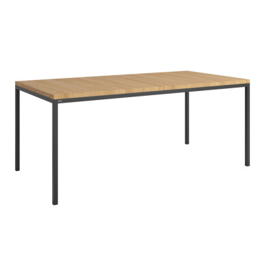 Prostokątny prosty stół do jadalni z drewnianym blatem, na czterech stalowych nogach malowanych na biało lub czarno, rozkładany.